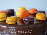 Entremet croustillant au chocolat et caramel, quatuor de macarons