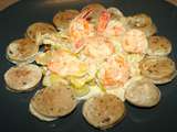 Boudin blanc truffé et gambas sur fondue de poireau à la crème