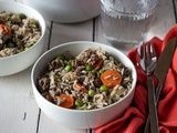 One pot: riz, boeuf haché, petit-pois et carottes