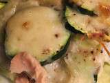 Gratin ravioles du dauphiné, saumon, courgettes