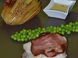 Dos de cabillaud  baconé  petits pois et pommes de terre au thym