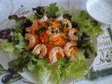 Salade aux crevettes grillées et carottes râpées, sauce au fromage blanc de chèvre au concombre