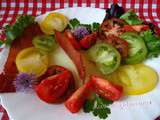 Salades de tomates sur gelée de concombre et chips de bacon