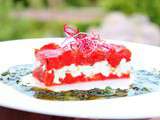 Millefeuille de tomates confites et chèvre frais, et son coulis de basilic