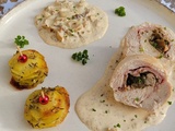 Ballotines de poulet, bacon, champignons et Millefeuille de pommes de terre au thym et à l'ail