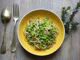 Linguine de konjac et amarante aux petits pois, asperges et parmesan