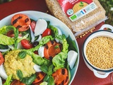 Salade composée aux fruits, dip de lentilles jaunes