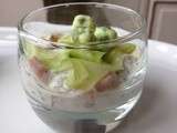 Verrine truite fumée/concombre/cacahuète (ou petits pois au wasabi)