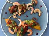 Fleurs de courgettes farcies, brochettes de crevettes