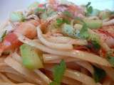 Linguine aux scampis, miso, coriandre, tomate et concombre : Ennui