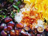 Aubergines chinoises sautées au sésame, shiso et riz