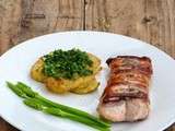 Saltimbocca de saumon, roasted smashed patatoes sauce gremolata, asperges des bois