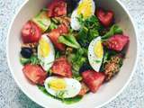 Salade de thon, oeufs durs, pommes de terre, tomates, olives et ciboulette d’Anthony