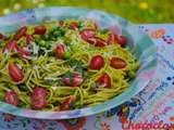 Spaghetti au pesto, tomates cerises, petits pois et pecorino d’Hélène