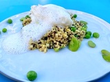 Cabillaud Poché, Quinoa aux Fèves et Petits pois et Emulsion Noix de Coco