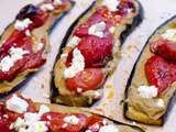 Aubergines rôties, houmous aux câpres, poivrons et feta