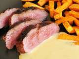 Magret de canard sauce moutarde et miel et frites de patate douce épicées