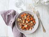 Salade tiède (ou froide) de lentilles, petit épeautre, carottes et tofu fumé