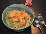 Linguine, poireaux, crevettes et noix de coco