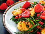 Salade tiède de salicorne crevettes et vinaigrette de framboises