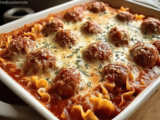 One Pan Meatball Casserole with Savory Sauce and Cheesy Topping