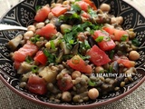 Salade de lentilles aux aubergines, tomates et pois chiches