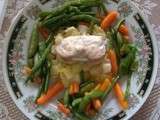 Pavé de lotte sur fondue de poireaux, légumes croquants et sauce au beurre citronnée