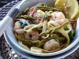 Tagliatelles truffees aux gambas & pointes d’asperges vertes