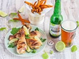 Pilons de Poulet marinés à la Bière Licorne Primeur et au Citron vert, Frites de légumes