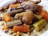 Couscous au poulet fermier sauce blanche aux fèves fraîches et cardon