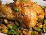 Poulet rôti farci de viande hachée au frick garni de champignons et olives