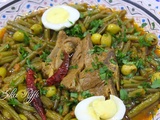 Tajine de haricots verts frits en sauce- olives - côte de veau et œufs durs ( loubia khadra marka )