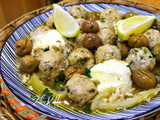 Tajine el kefta mahchi b zaïtoune ou boulettes farcies aux olives violettes aux œufs en sauce blanche au citron confit