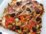 Lapin au four, aux citron, tomates champignons et olives