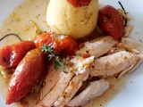 Truite et Dôme de polenta parmesan tomates confites mozza et thym citron