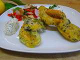 Beignets de fleurs de courgettes aux algues nori et quenelle de ricotta au citron, olives niçoises, et sa petite salade de tomates