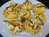 Feuilletés à la truite fumée, asperges vertes et fromage frais