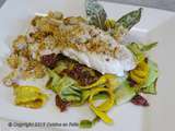 Filets de daurade sébaste en crumble et tagliatelles de courgettes à la tomate confite, feuilles de sauge frites