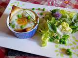 Oeuf cocotte, crème de ciboulette et petits pois frais