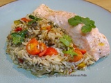 Pavés de saumon, riz à la tapenade et tomates cerises