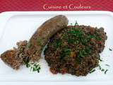 Andouillette de Cambrai grillée, fricassée de lentilles vertes du Puy à la moutarde de Meaux