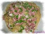 Spaguettis à la crème de petits pois et lardons