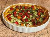 Tarte aux courgettes, tomates, lardons et mousse de chèvre