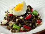 Salade de lentilles, radis, chou rave et fèves fraîches à l’oeuf mollet