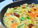 Spaghetti au saumon fumé, poireau et tomates séchées