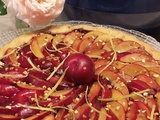 Tarte aux prunes  Coeur de Lion de Morettini , ses confiottes de framboises et pêches / mûres et son sablage rhum vanille