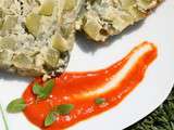 Terrine de courgettes et son coulis tomates/poivrons et basilic