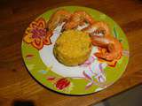 Risotto aux calamars et champignons parfumé au curry, accompagné de gambas