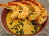 Velouté de patates douces curry-coco-gingembre et sa brochette de crevettes