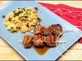 Brochettes de magrets de canard, couscous aux raisins secs